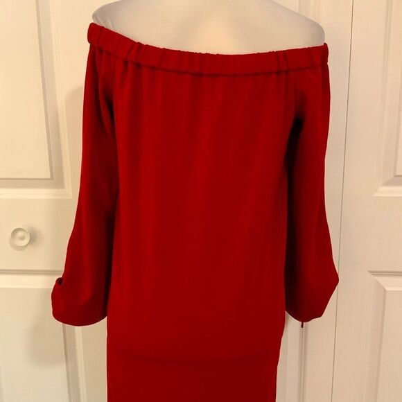 TIBI Red Crepe Off Shoulder Tie Sleeve Shift Mini Dress Size 4 - Picture 8 of 12